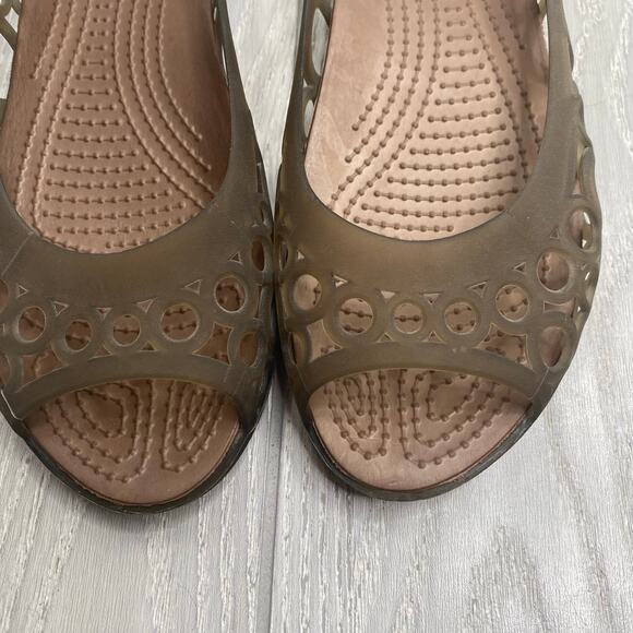 Crocs Women's Tan Smoked Jelly Rubber Peep Toe Adrina Flats Size 8 - Picture 8 of 10